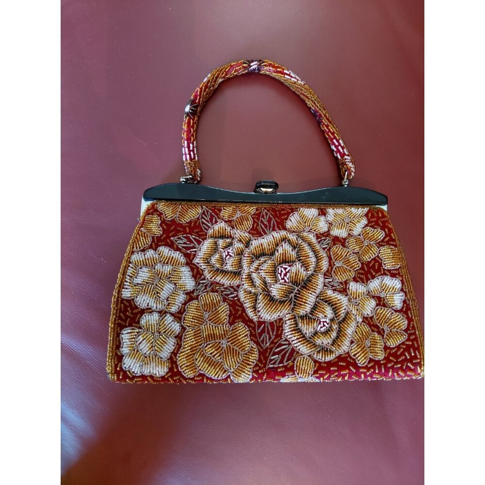 Vintage Floral Beaded Evening Handbag Japanese Kimono Style Purse